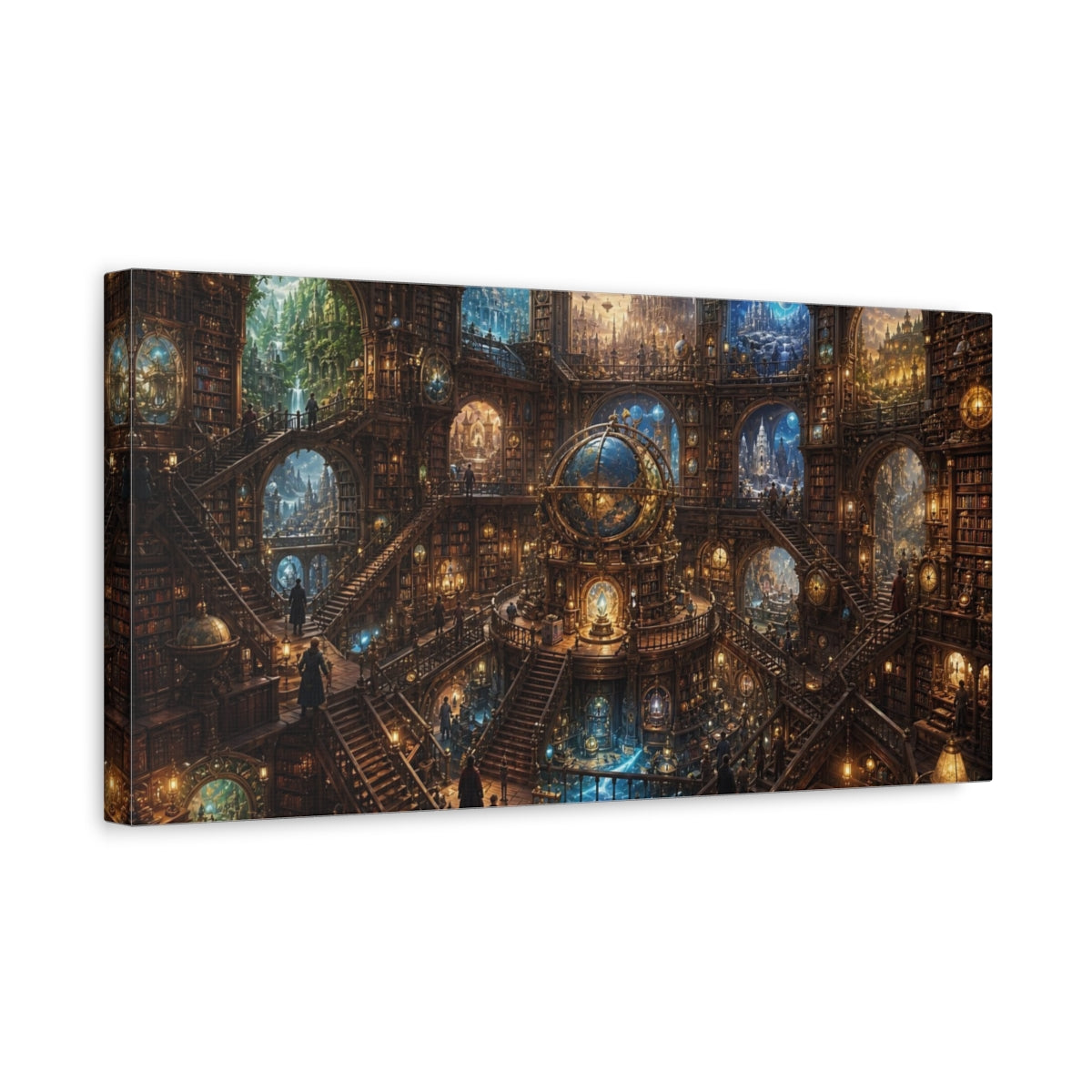 Side Mockup 3. Science Fiction Grand Library Steampunk Library shown as stretched canvas wall art