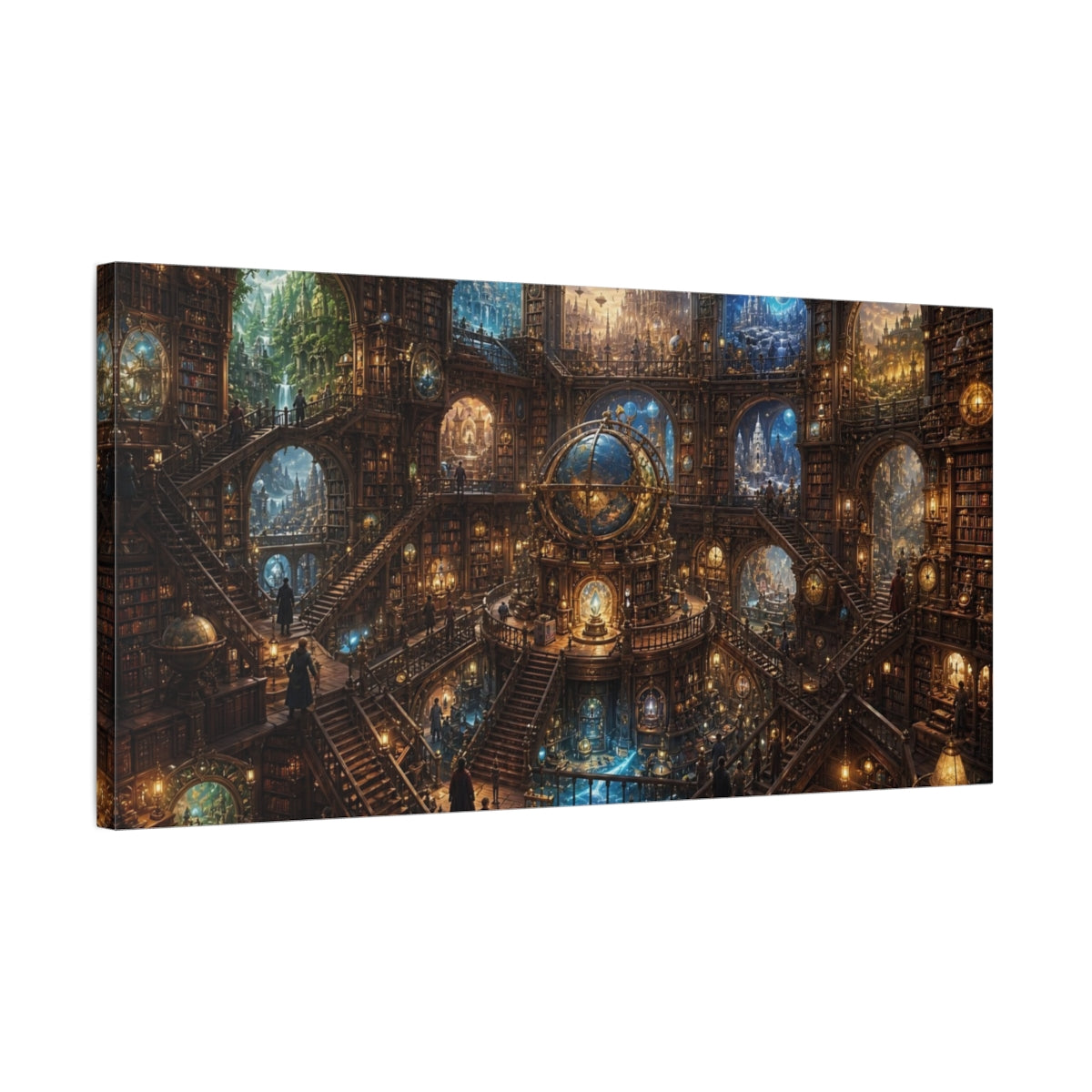 Side Mockup 1. Science Fiction Grand Library Steampunk Library shown as stretched canvas wall art