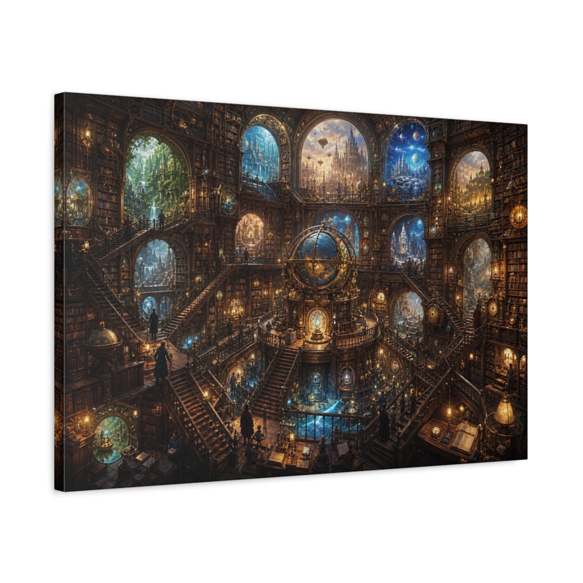 Side Mockup 2. Science Fiction Grand Library Steampunk Library shown as stretched canvas wall art