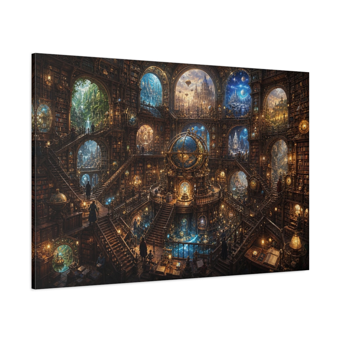 Side Mockup 1. Science Fiction Grand Library Steampunk Library shown as stretched canvas wall art