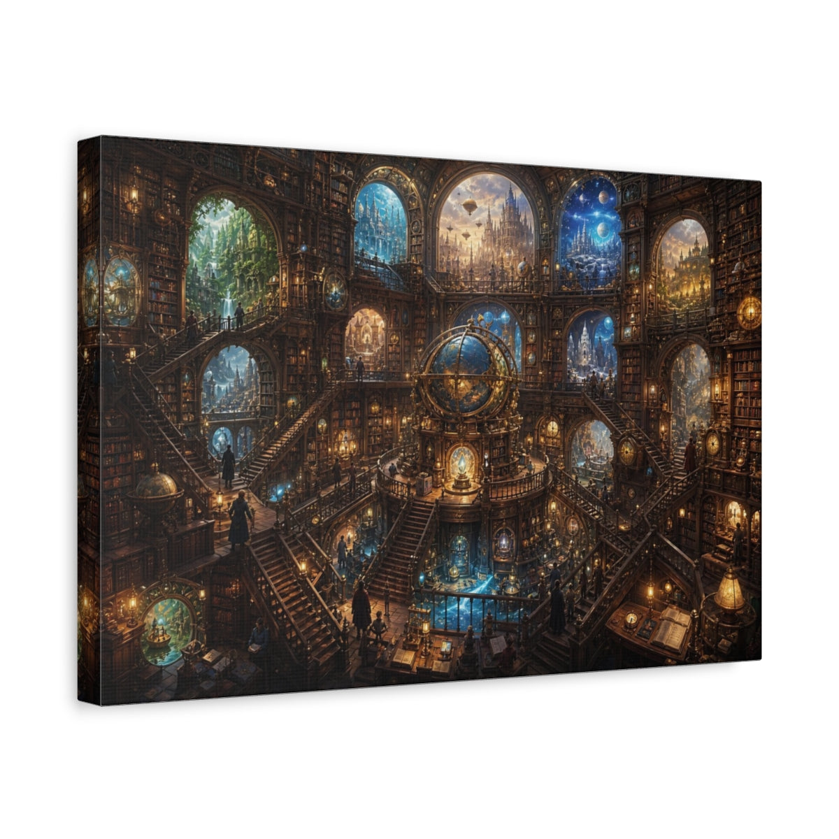 Side Mockup 4. Science Fiction Grand Library Steampunk Library shown as stretched canvas wall art