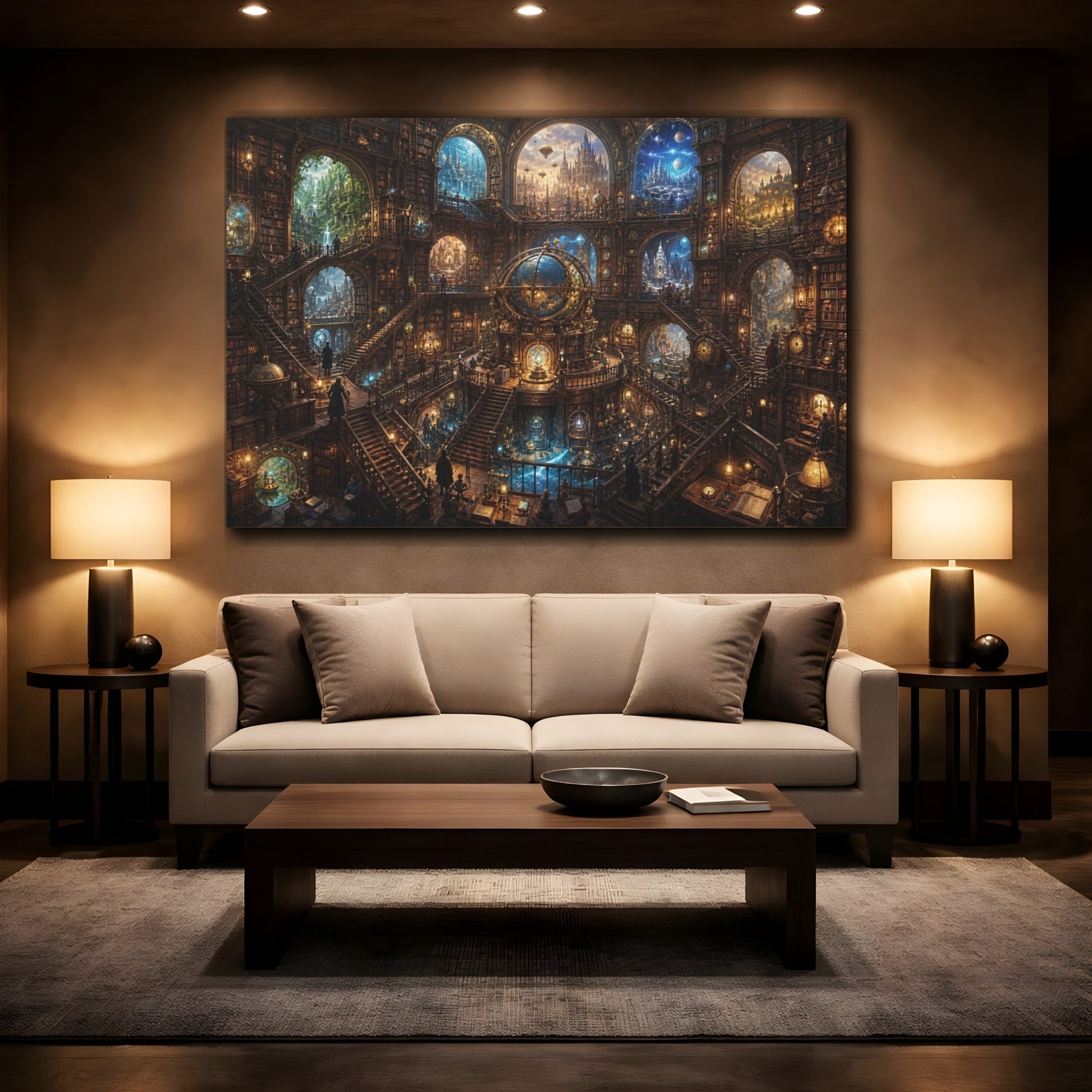 Mockup 2. Science Fiction Grand Library Steampunk Library shown as stretched canvas wall art