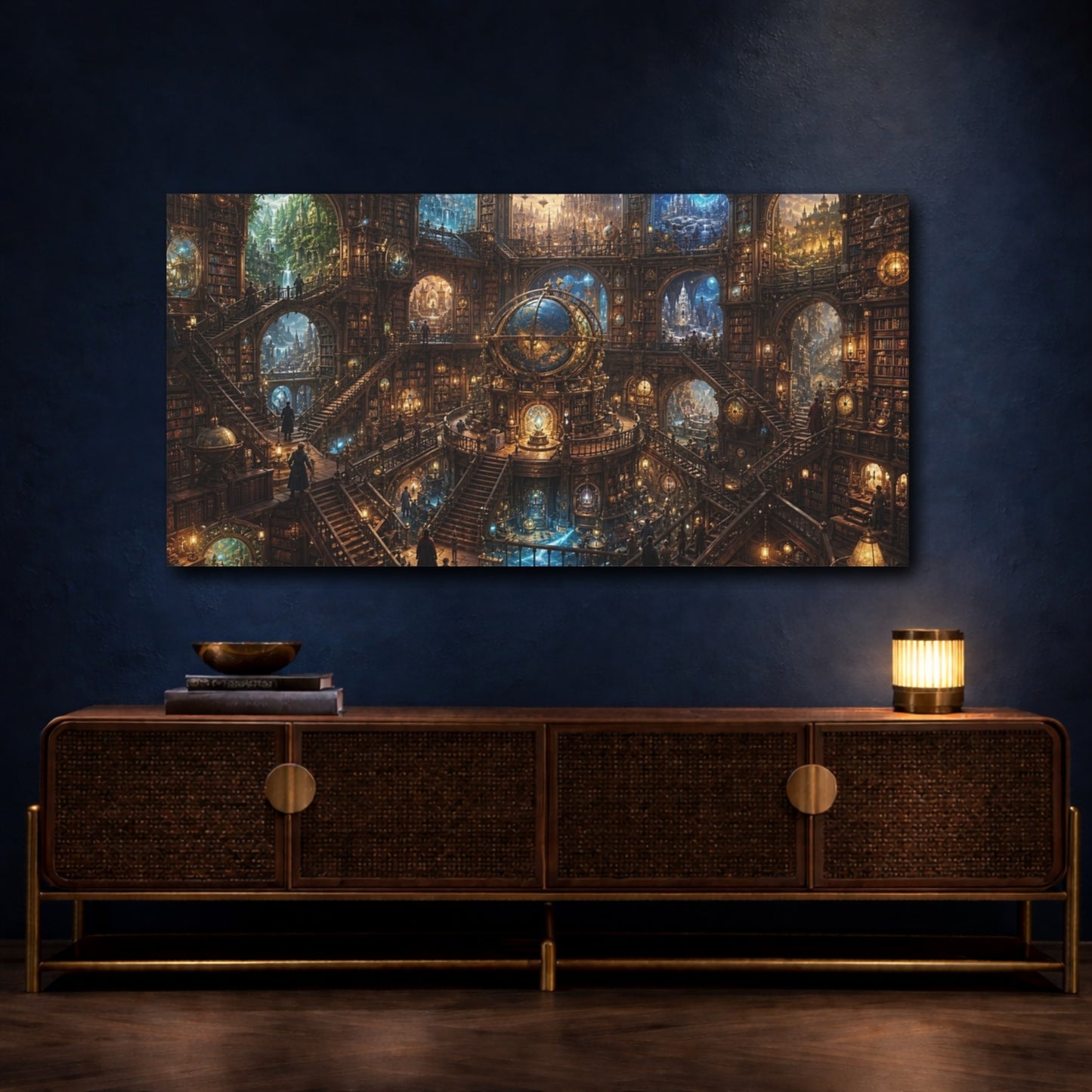 Mockup 3. Science Fiction Grand Library Steampunk Library shown as stretched canvas wall art