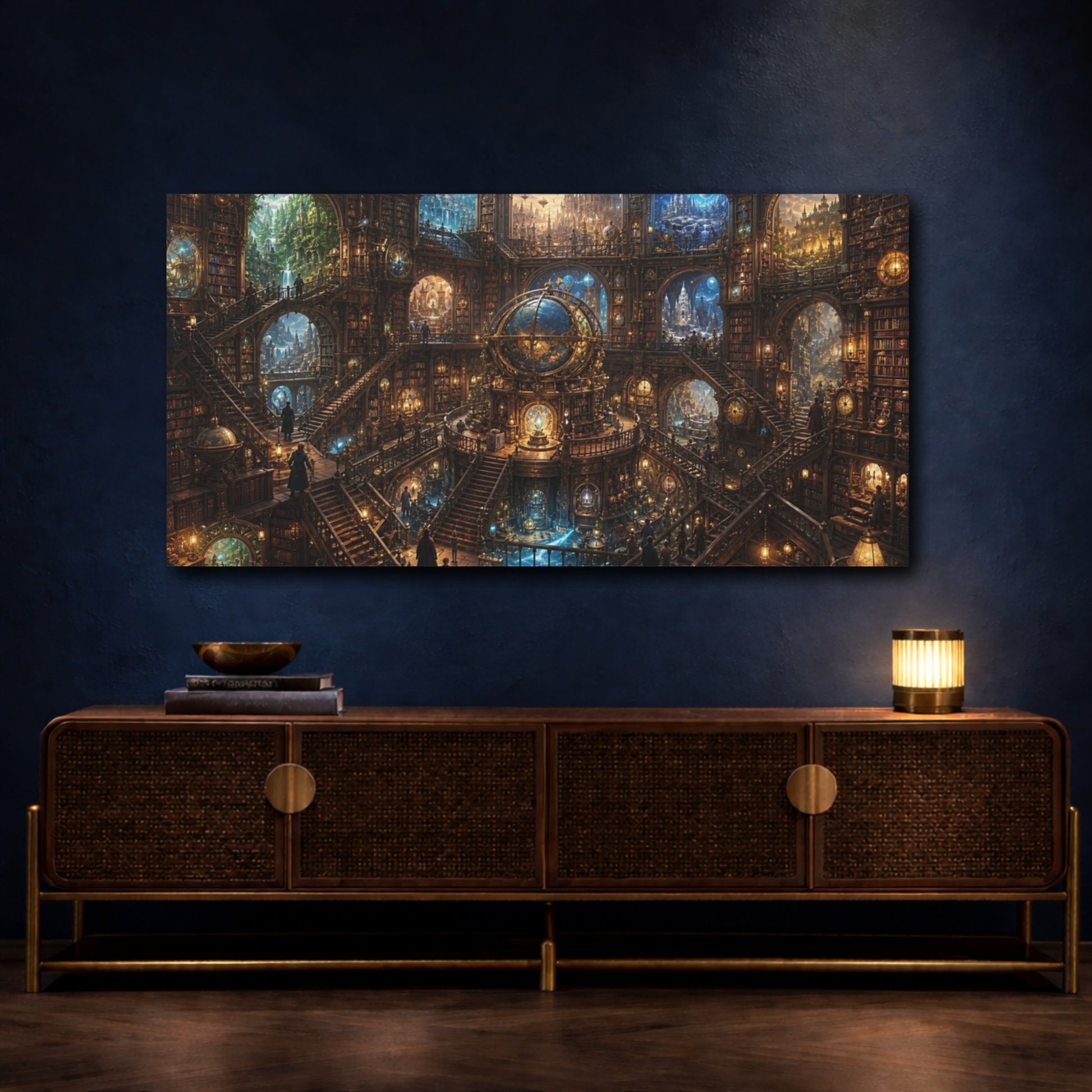Mockup 3. Science Fiction Grand Library Steampunk Library shown as stretched canvas wall art