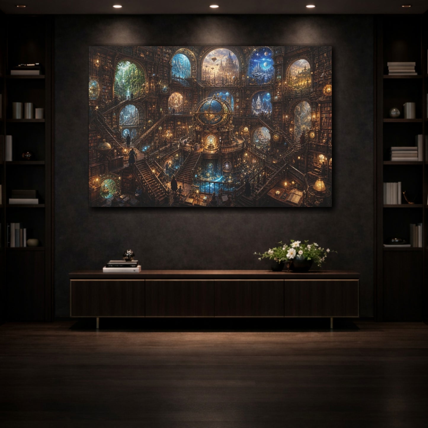 Mockup 3. Science Fiction Grand Library Steampunk Library shown as stretched canvas wall art