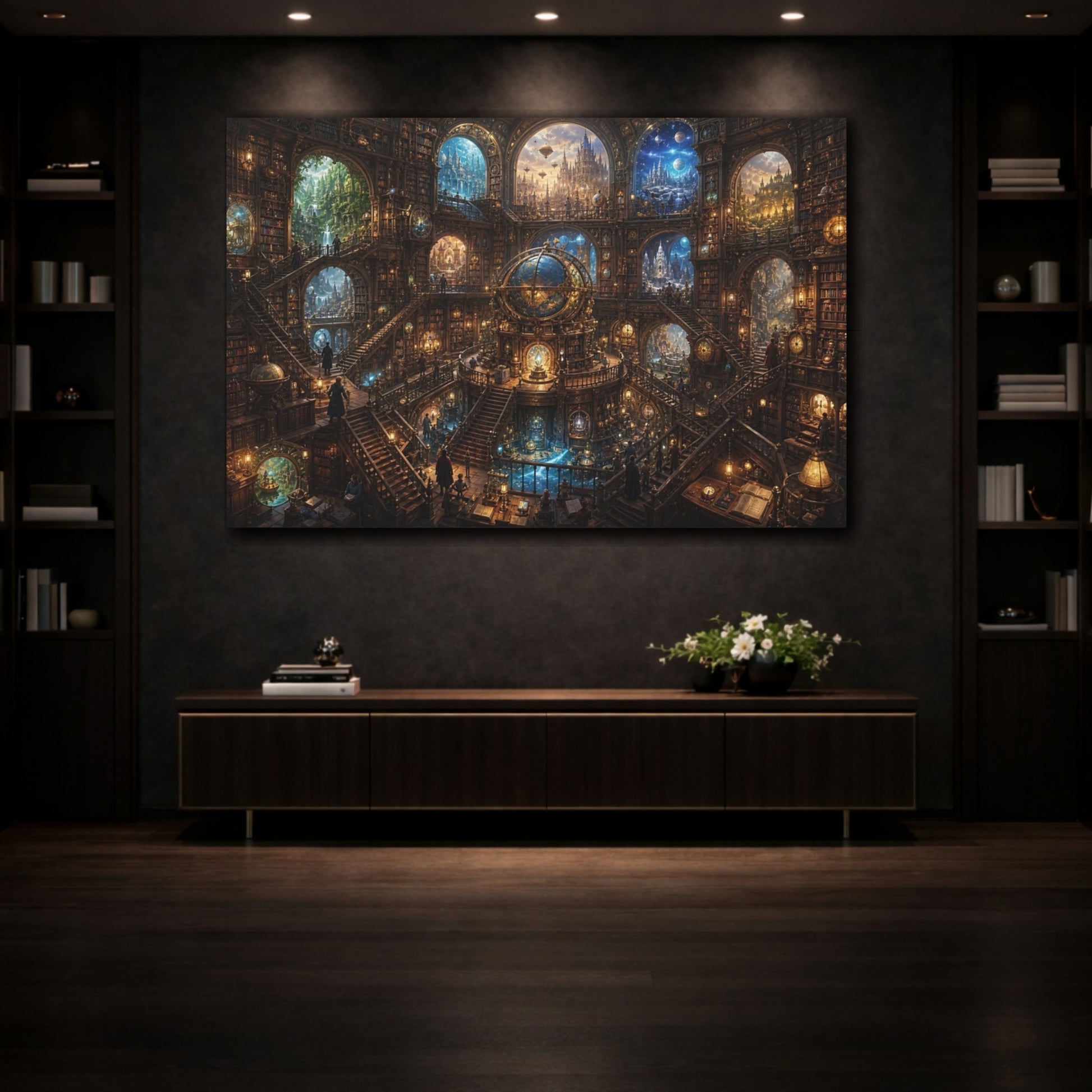 Mockup 3. Science Fiction Grand Library Steampunk Library shown as stretched canvas wall art