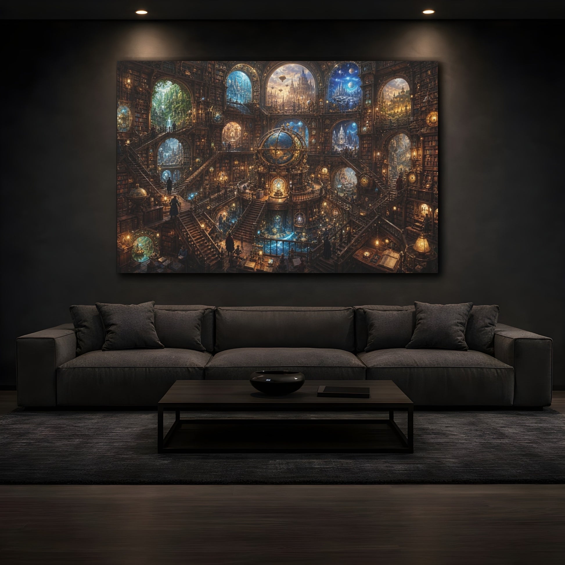 Mockup 4. Science Fiction Grand Library Steampunk Library shown as stretched canvas wall art