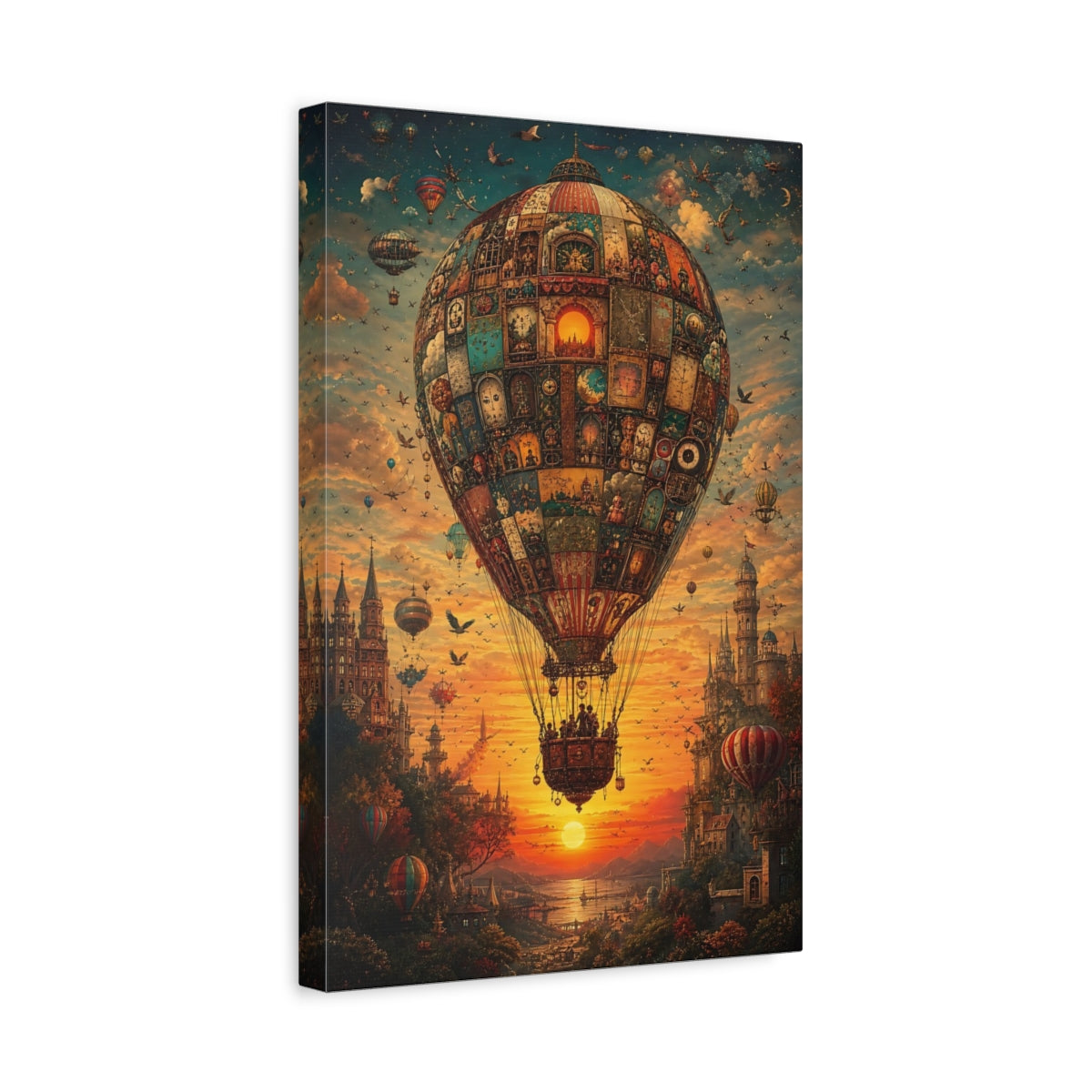 Side Mockup 4. Science Fiction Hot Air Balloon Steampunk Sunset Balloon shown as stretched canvas wall art