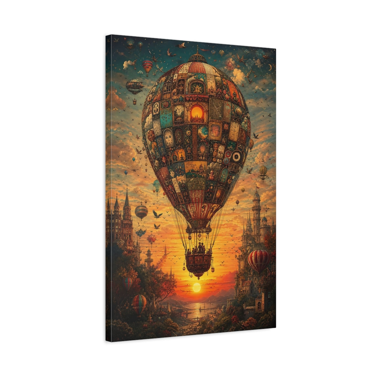 Side Mockup 2. Science Fiction Hot Air Balloon Steampunk Sunset Balloon shown as stretched canvas wall art