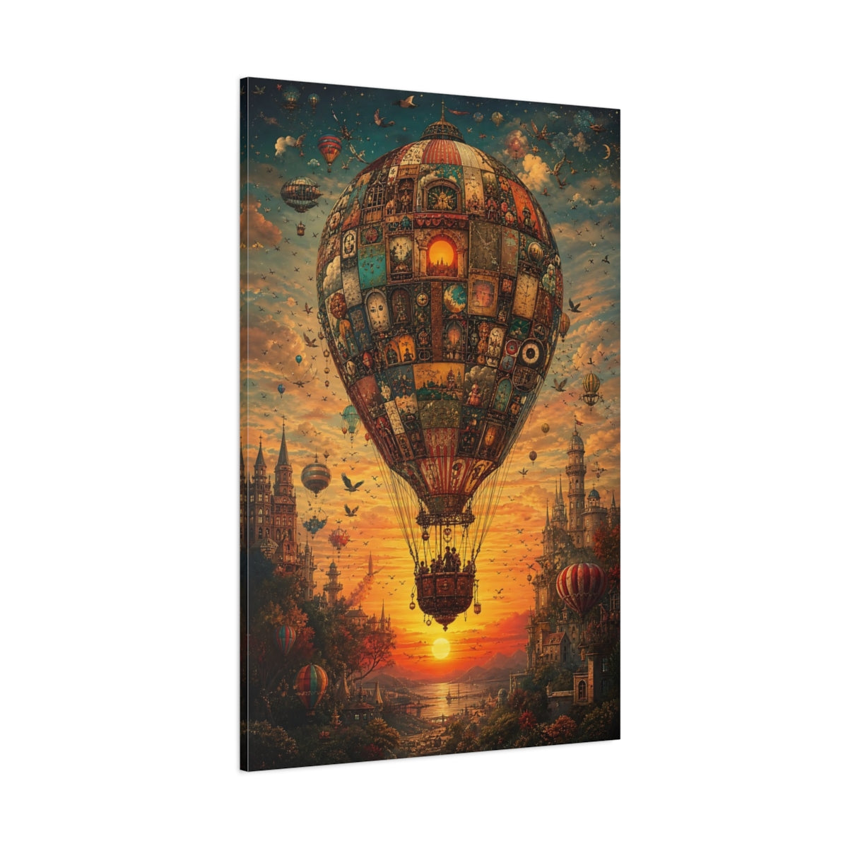 Side Mockup 1. Science Fiction Hot Air Balloon Steampunk Sunset Balloon shown as stretched canvas wall art