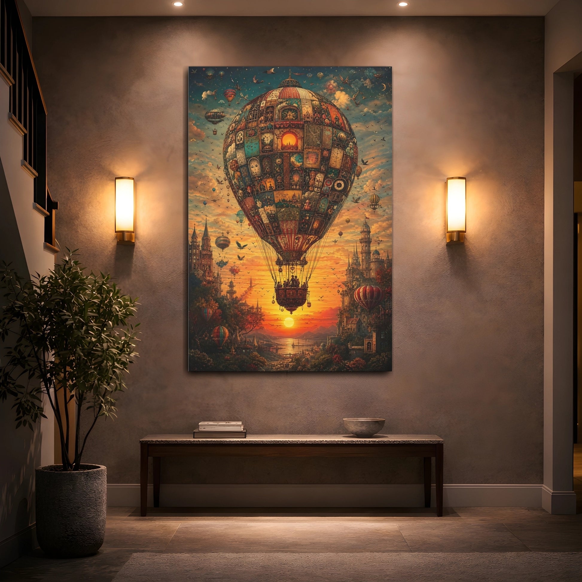 Mockup 2. Science Fiction Hot Air Balloon Steampunk Sunset Balloon shown as stretched canvas wall art