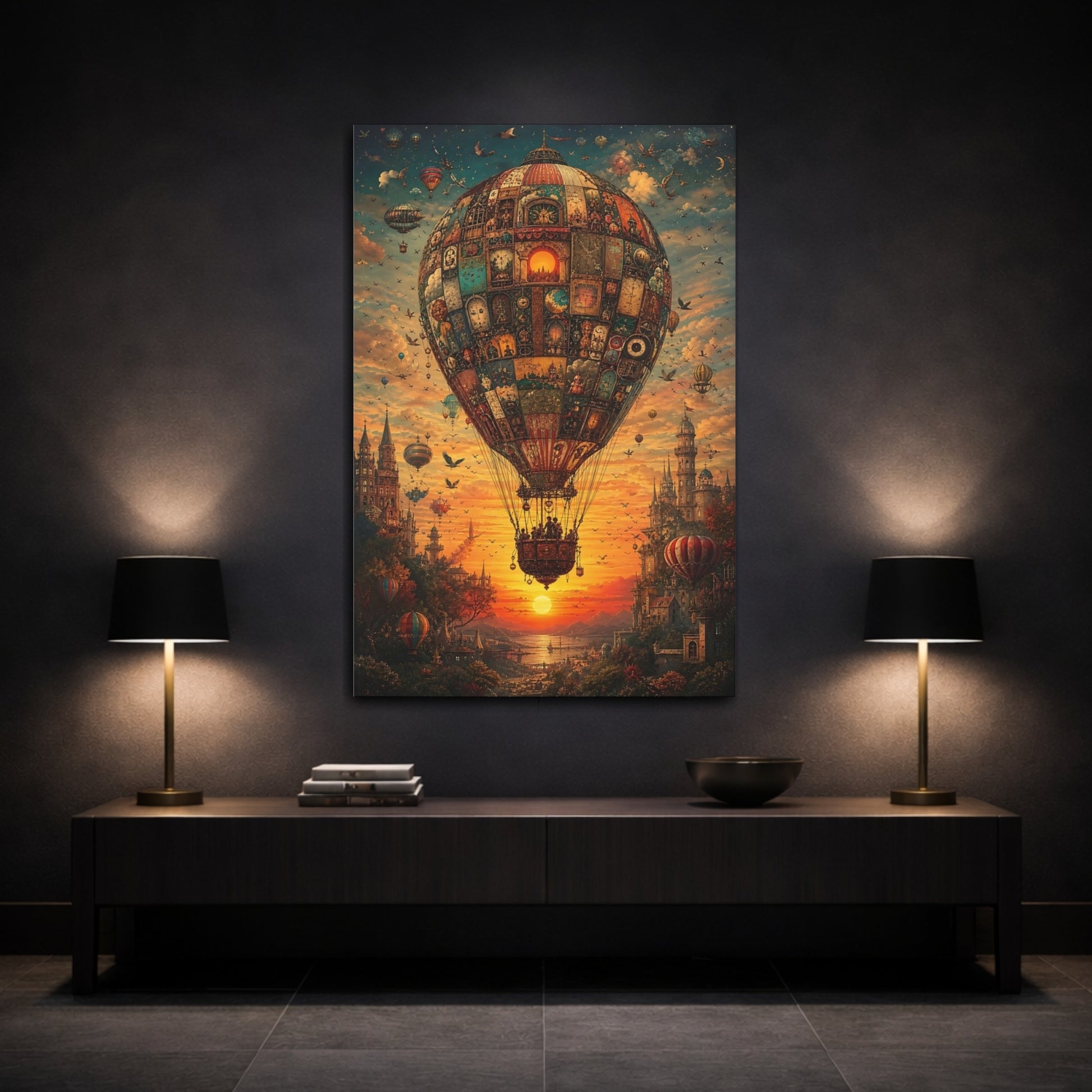 Mockup 3. Science Fiction Hot Air Balloon Steampunk Sunset Balloon shown as stretched canvas wall art