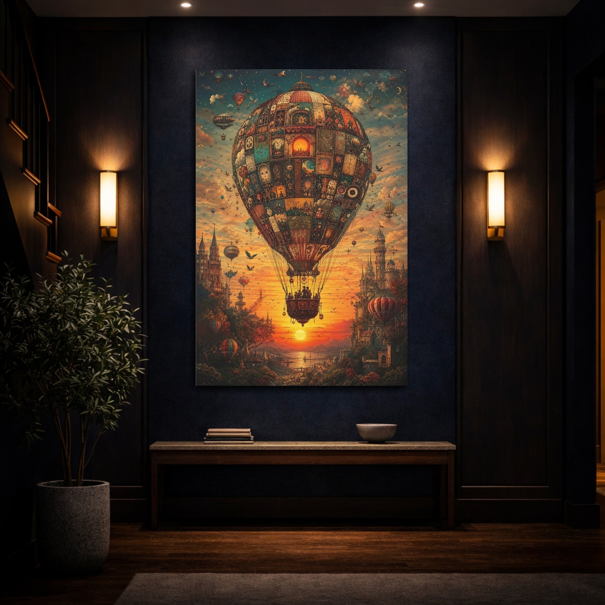 Mockup 4. Science Fiction Hot Air Balloon Steampunk Sunset Balloon shown as stretched canvas wall art