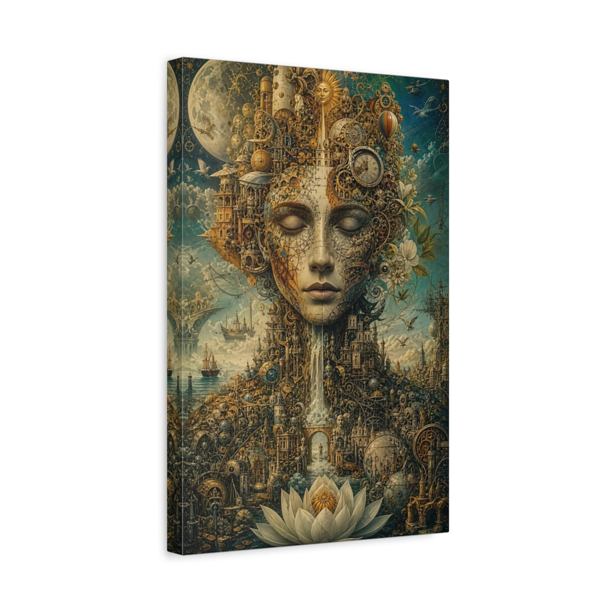 Side Mockup 4. Science Fiction Human Face Gold And Teal shown as stretched canvas wall art