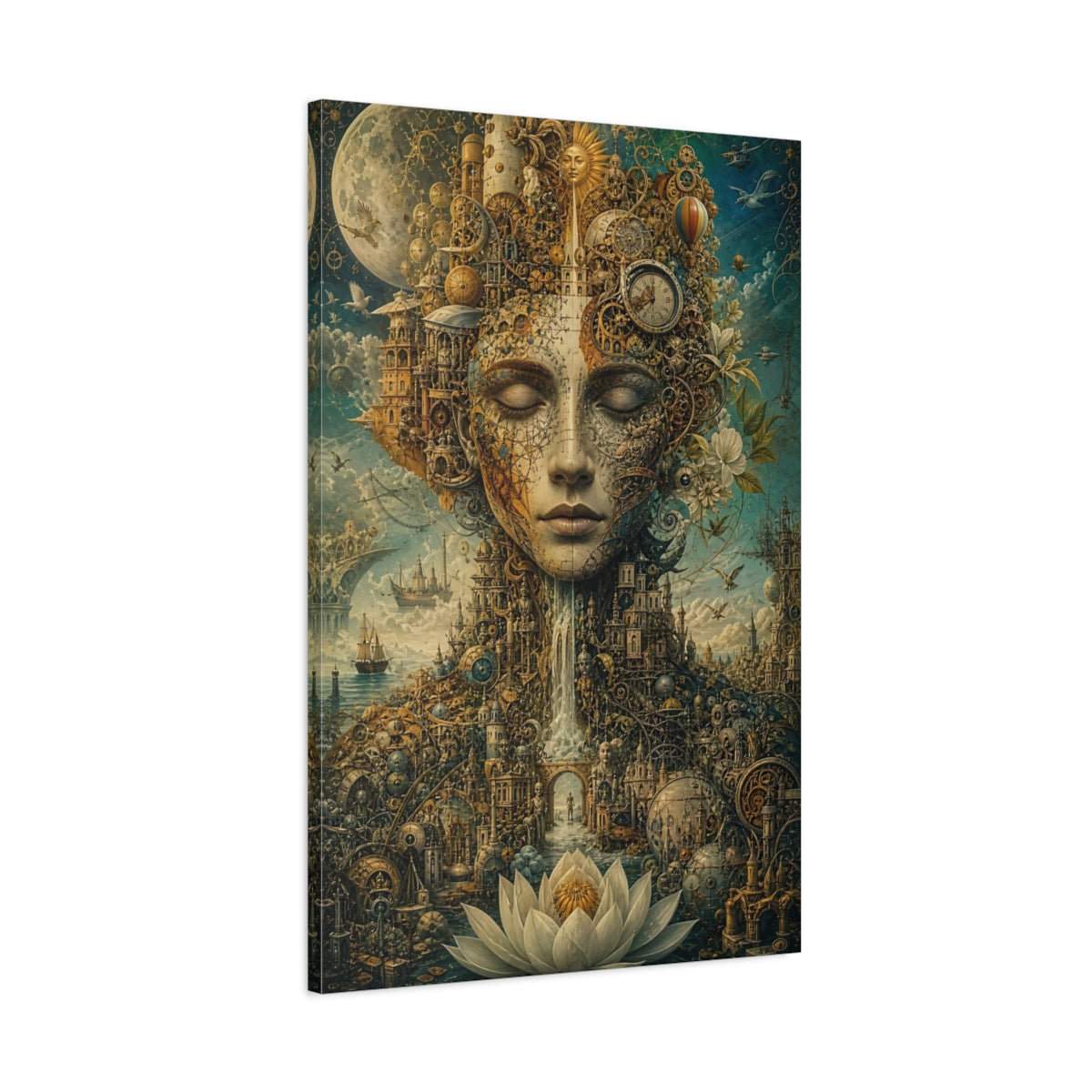 Main Mockup. Science Fiction Human Face Gold And Teal shown as stretched canvas wall art