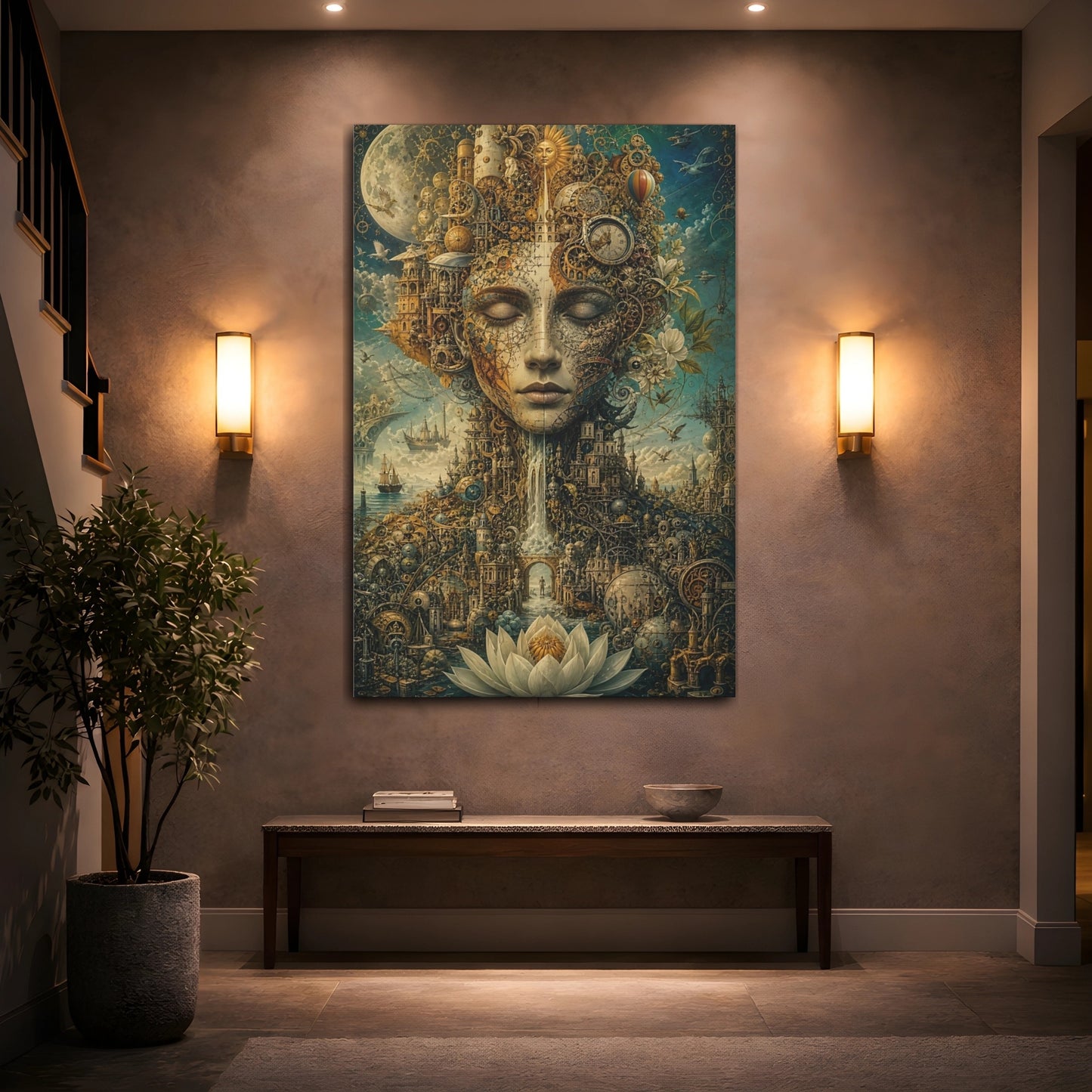 Mockup 2. Science Fiction Human Face Gold And Teal shown as stretched canvas wall art