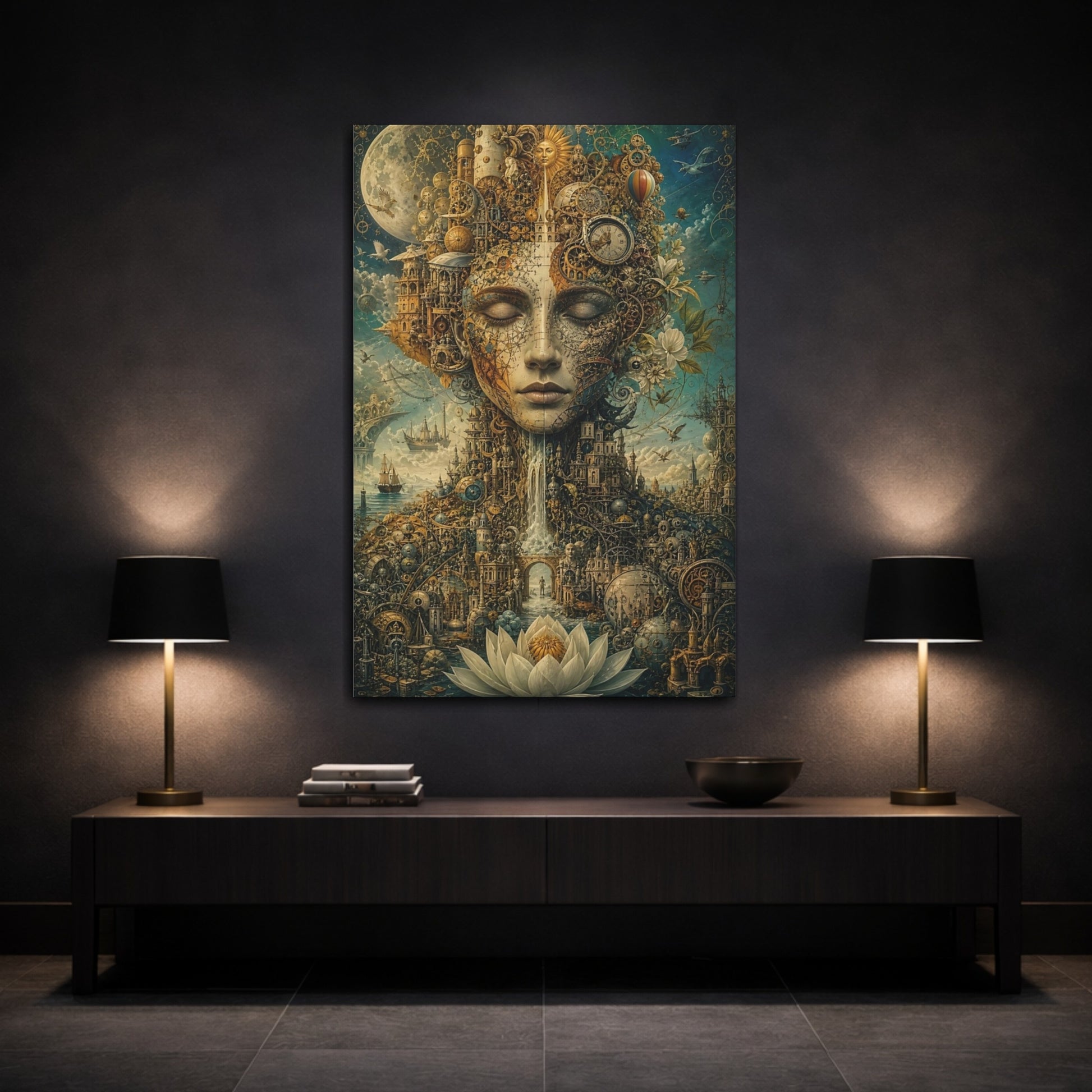 Mockup 3. Science Fiction Human Face Gold And Teal shown as stretched canvas wall art