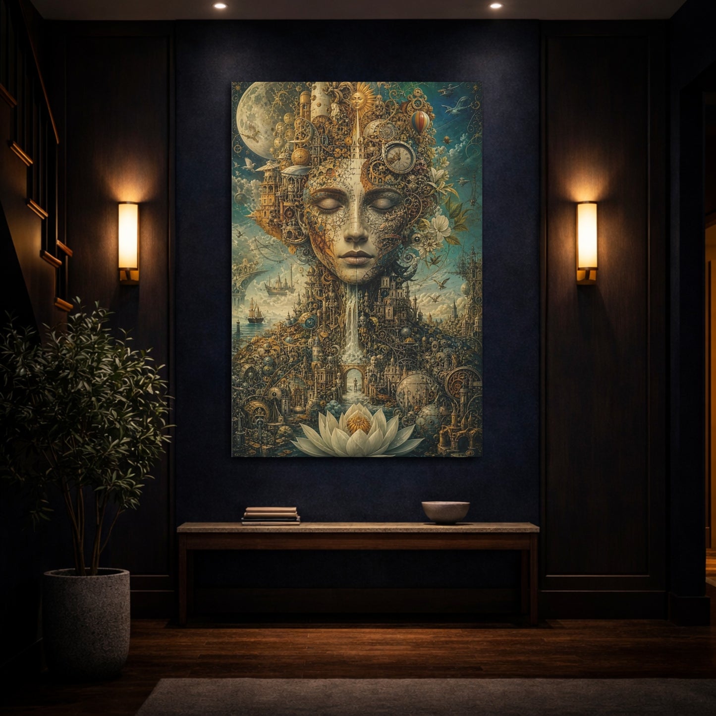 Mockup 4. Science Fiction Human Face Gold And Teal shown as stretched canvas wall art