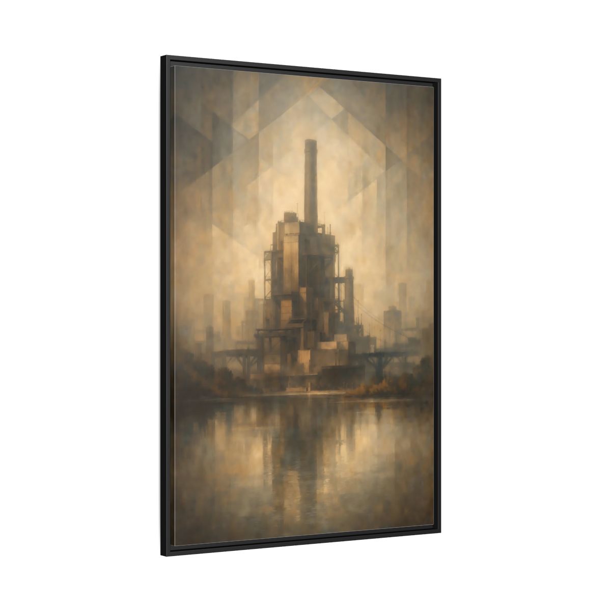 Main Mockup. Science Fiction Industrial Building Brown And Gold shown as stretched canvas wall art