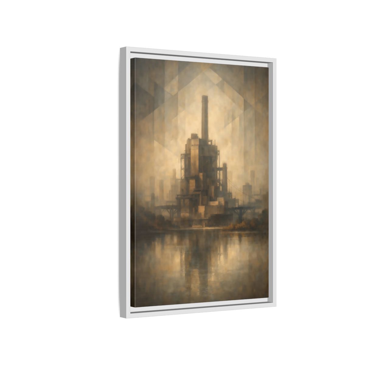 Side Mockup 1. Science Fiction Industrial Building Brown And Gold shown as stretched canvas wall art