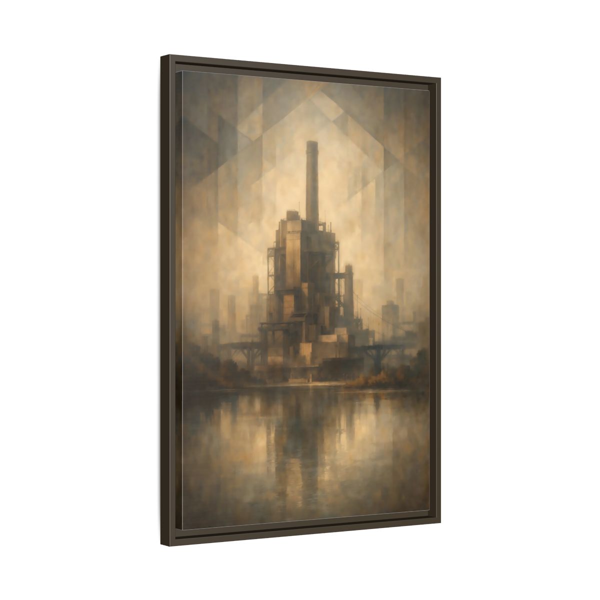 Side Mockup 12. Science Fiction Industrial Building Brown And Gold shown as stretched canvas wall art