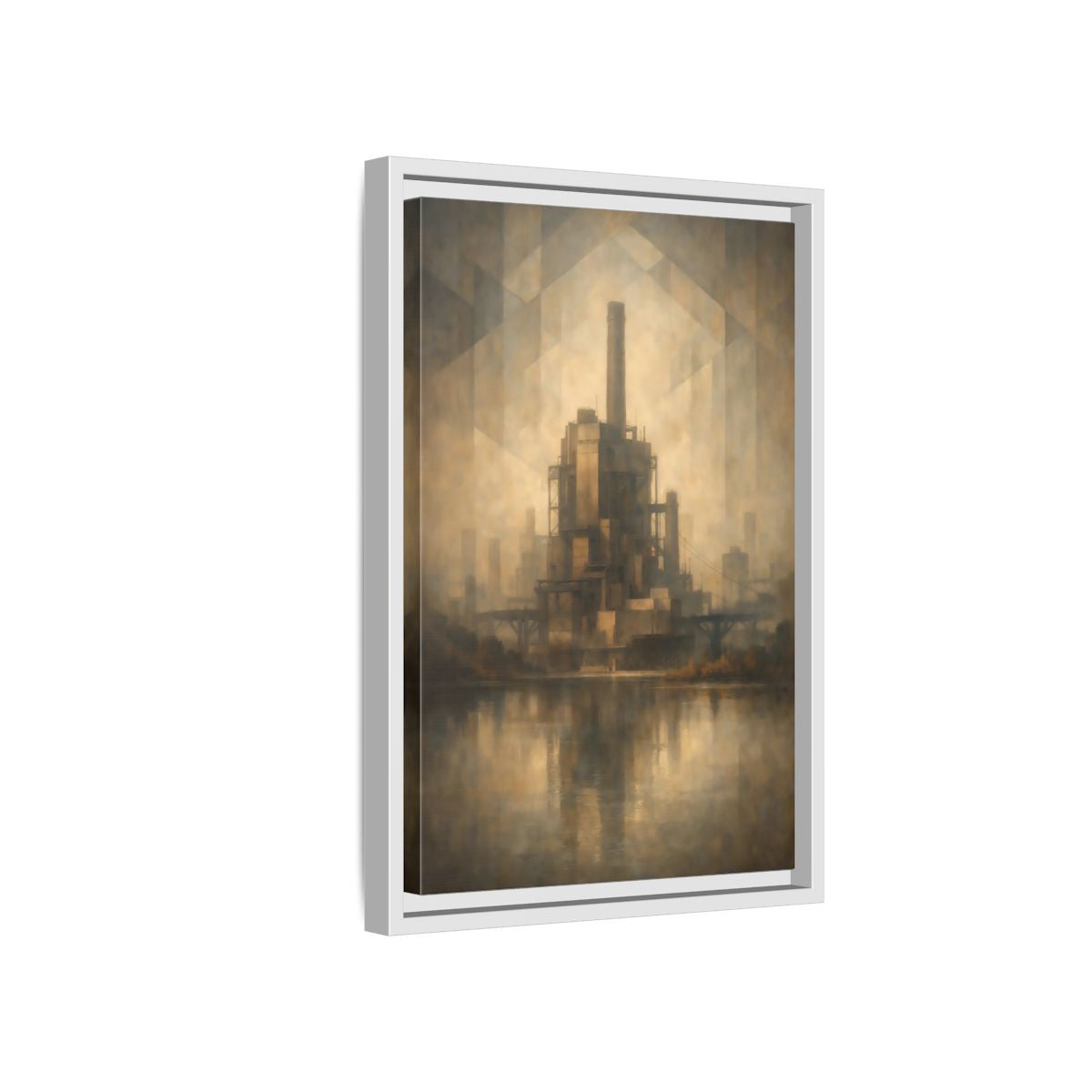 Side Mockup 4. Science Fiction Industrial Building Brown And Gold shown as stretched canvas wall art