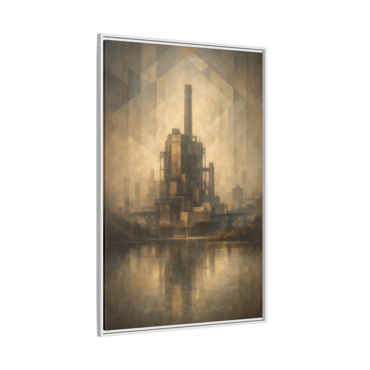 Side Mockup 7. Science Fiction Industrial Building Brown And Gold shown as stretched canvas wall art