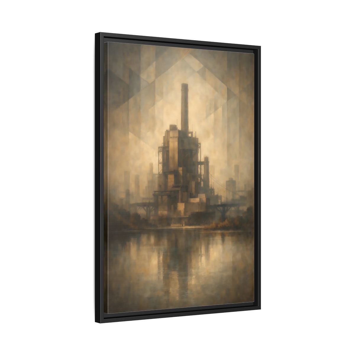 Side Mockup 14. Science Fiction Industrial Building Brown And Gold shown as stretched canvas wall art