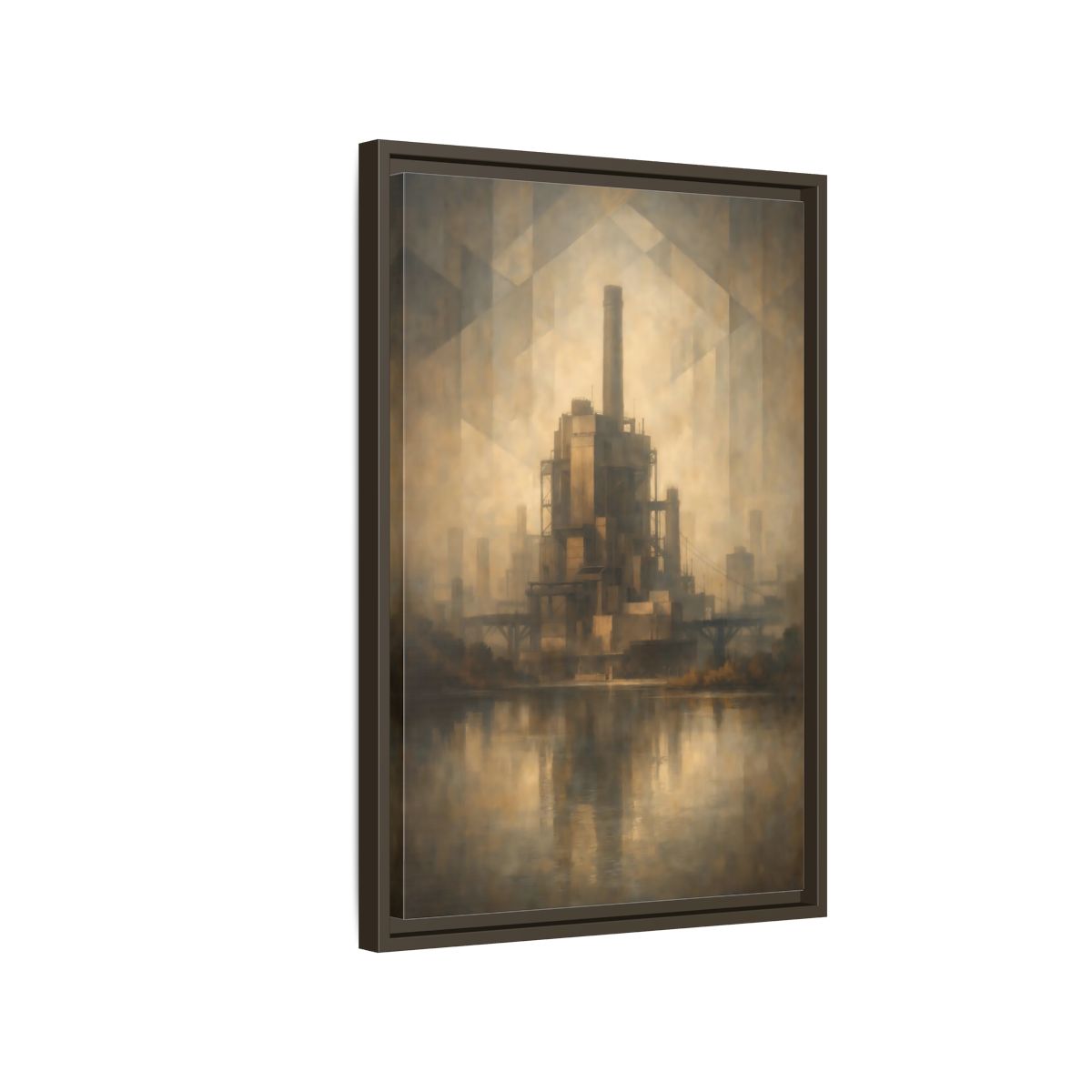Side Mockup 2. Science Fiction Industrial Building Brown And Gold shown as stretched canvas wall art