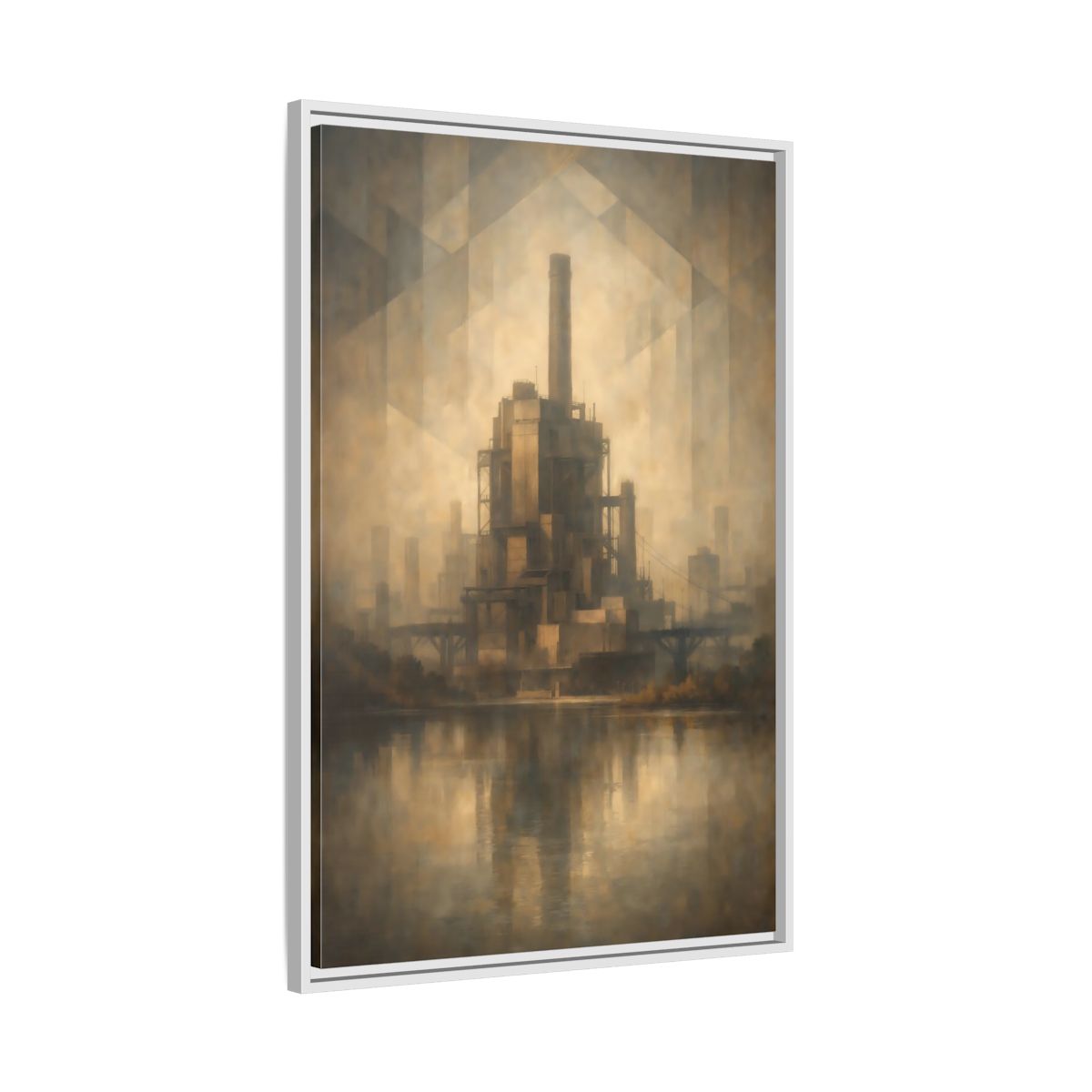 Side Mockup 9. Science Fiction Industrial Building Brown And Gold shown as stretched canvas wall art
