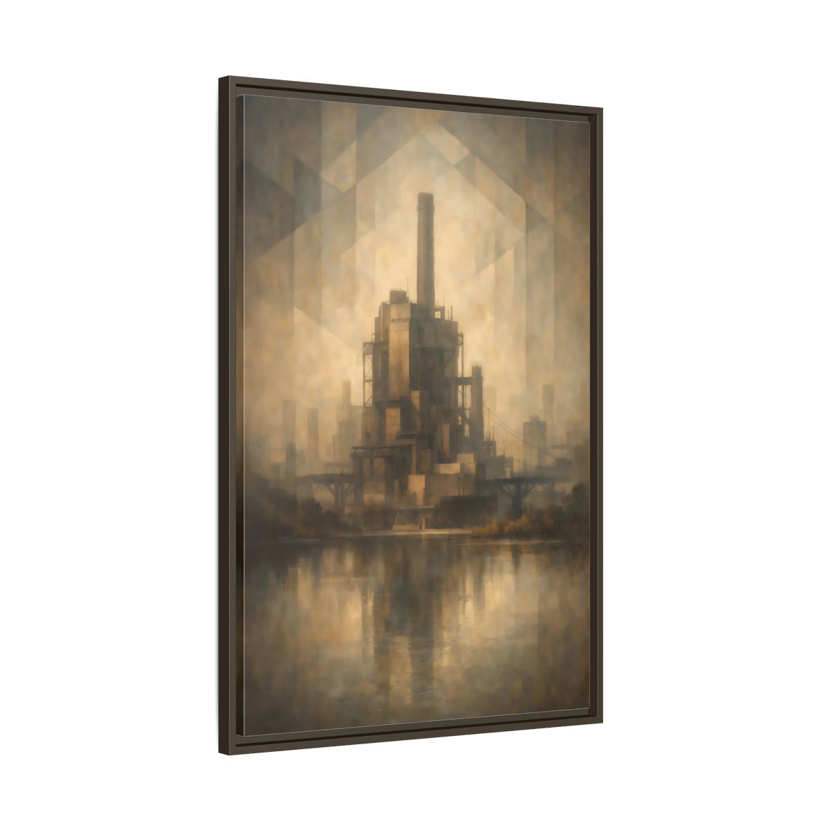 Side Mockup 10. Science Fiction Industrial Building Brown And Gold shown as stretched canvas wall art