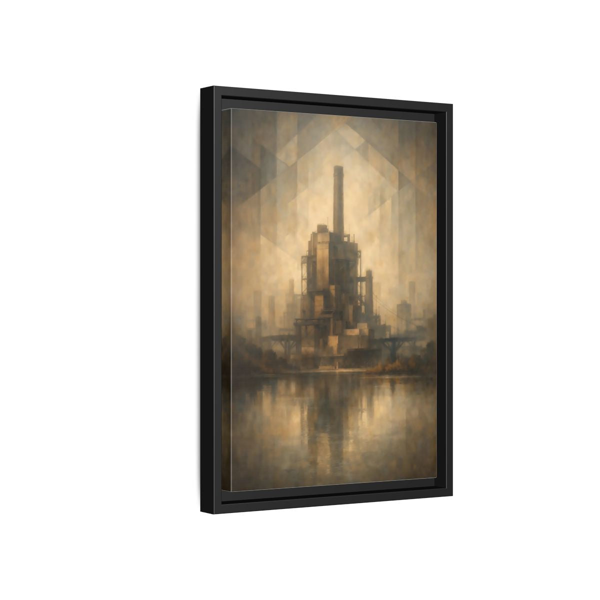 Side Mockup 6. Science Fiction Industrial Building Brown And Gold shown as stretched canvas wall art