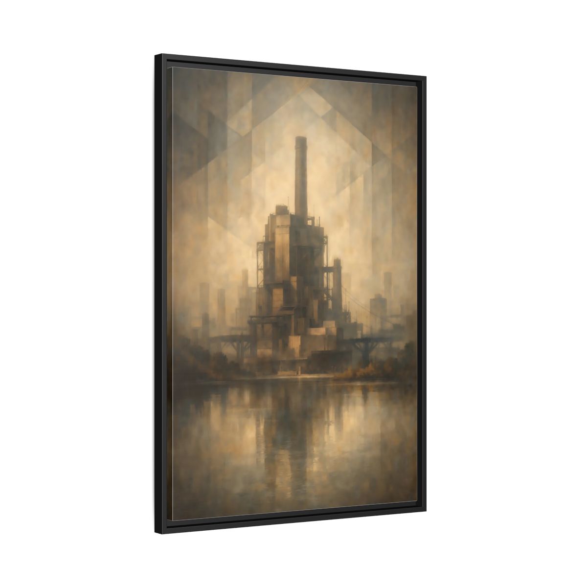 Side Mockup 13. Science Fiction Industrial Building Brown And Gold shown as stretched canvas wall art