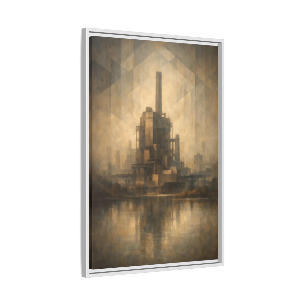 Side Mockup 11. Science Fiction Industrial Building Brown And Gold shown as stretched canvas wall art