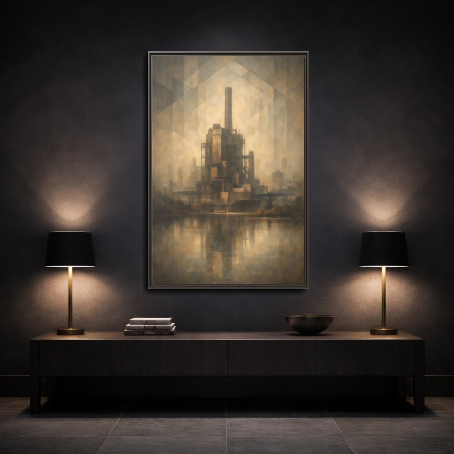 Mockup 2. Science Fiction Industrial Building Brown And Gold shown as stretched canvas wall art