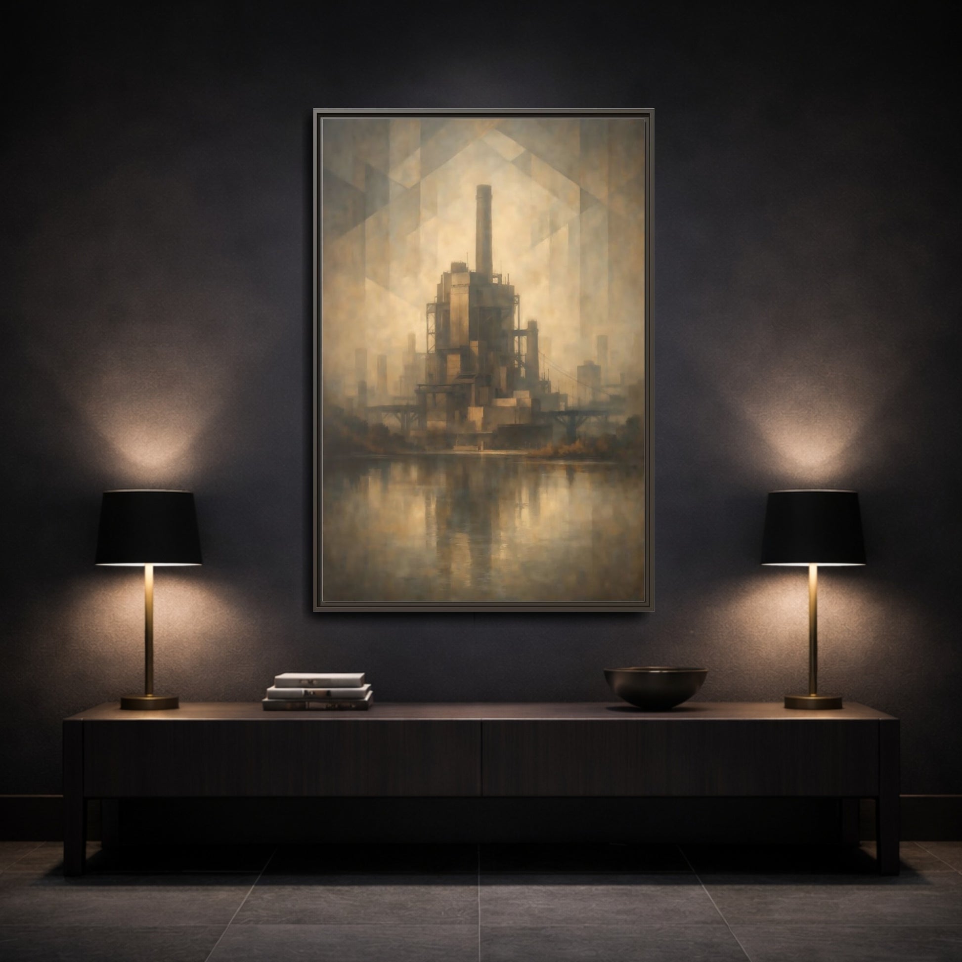 Mockup 2. Science Fiction Industrial Building Brown And Gold shown as stretched canvas wall art