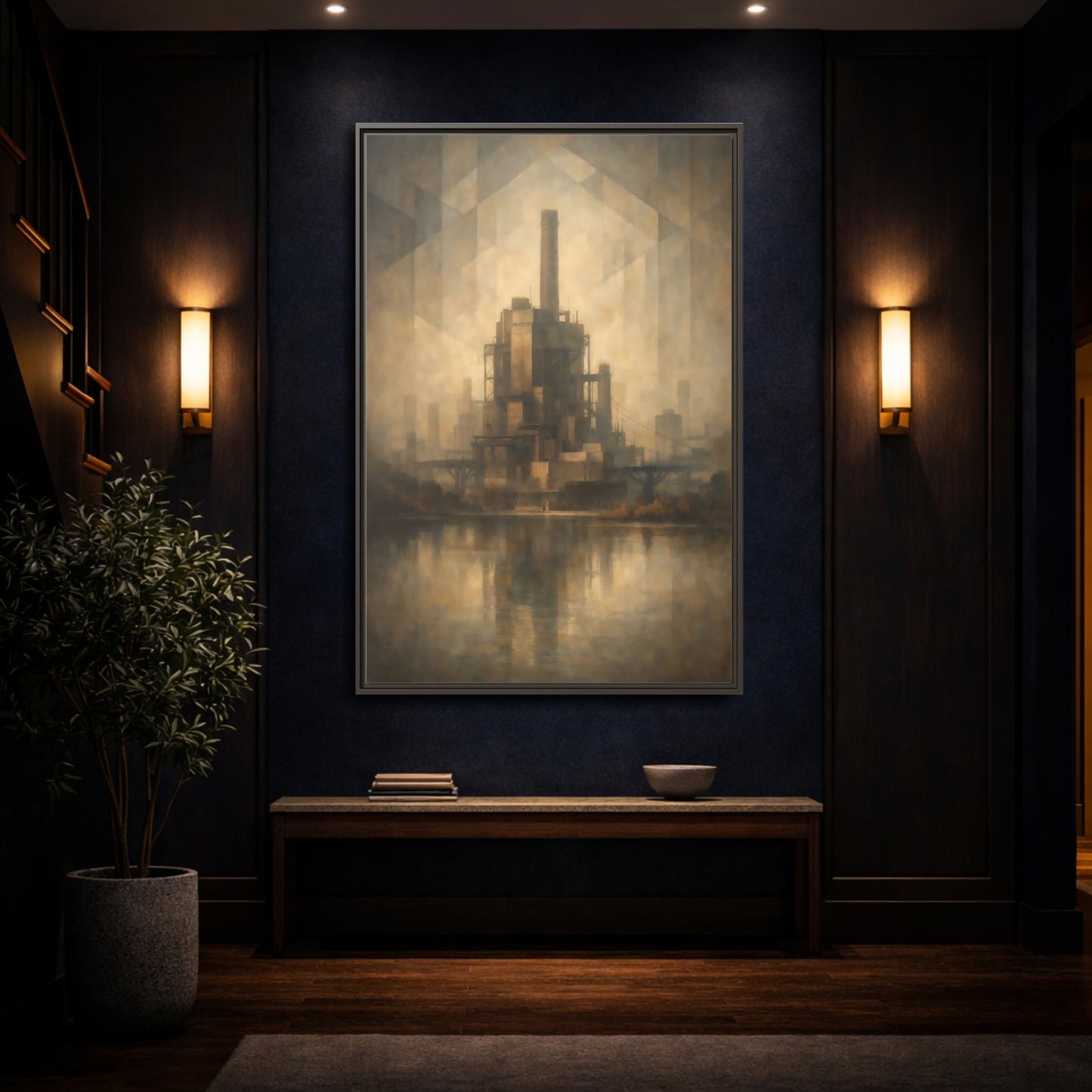 Mockup 3. Science Fiction Industrial Building Brown And Gold shown as stretched canvas wall art
