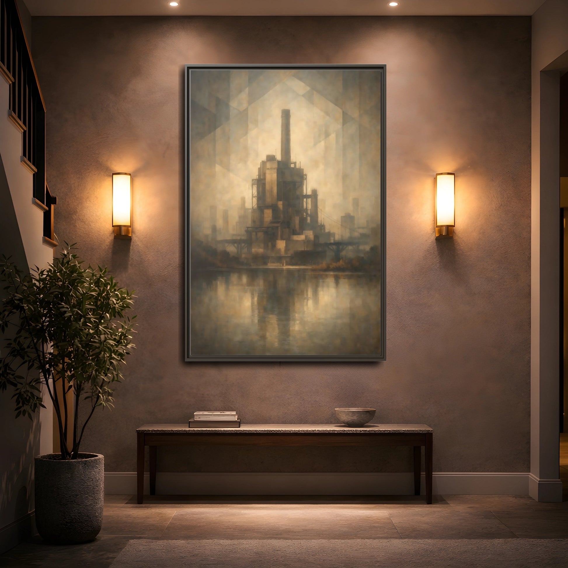 Mockup 4. Science Fiction Industrial Building Brown And Gold shown as stretched canvas wall art