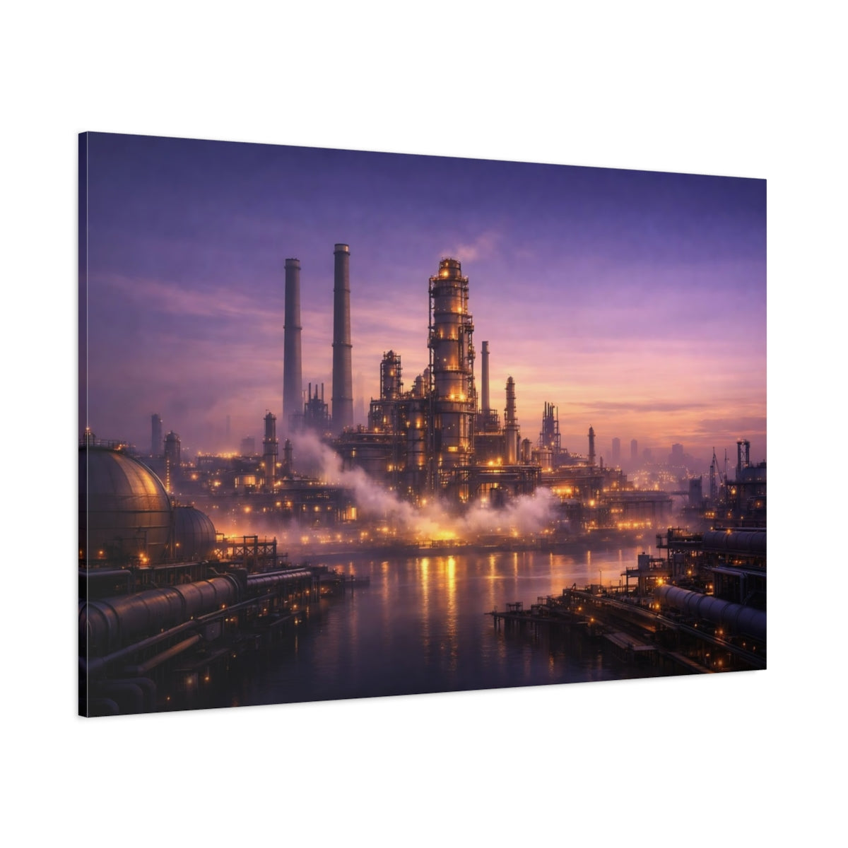 Main Mockup. Science Fiction Industrial Complex Purple And Gold shown as stretched canvas wall art