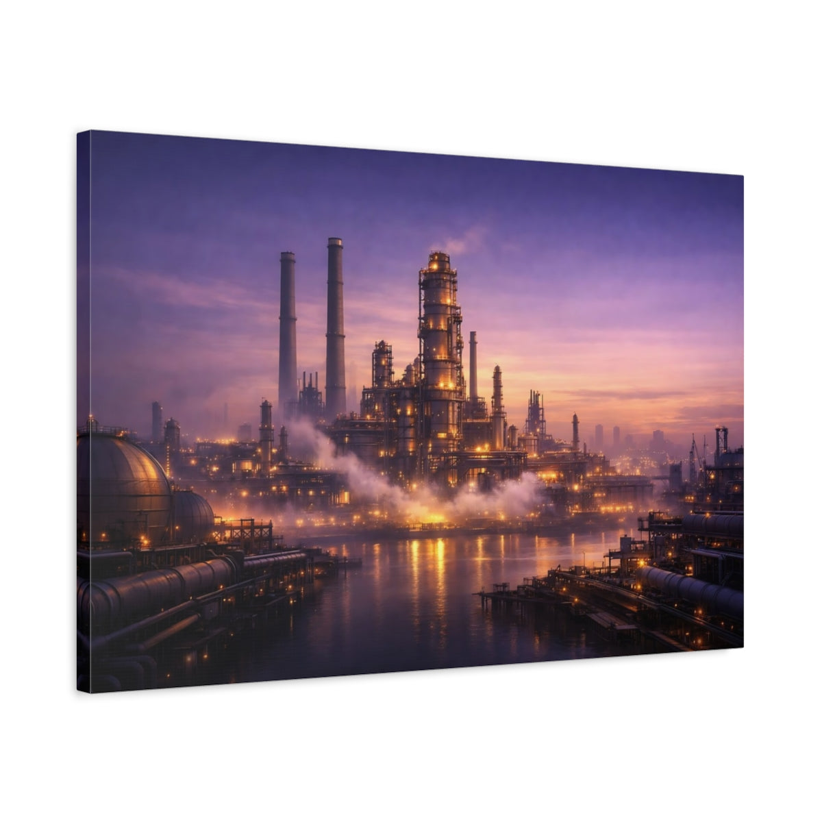 Side Mockup 2. Science Fiction Industrial Complex Purple And Gold shown as stretched canvas wall art