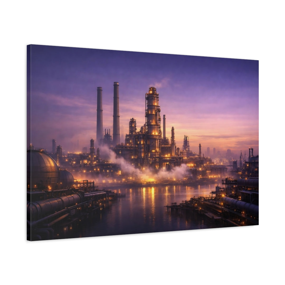 Side Mockup 1. Science Fiction Industrial Complex Purple And Gold shown as stretched canvas wall art