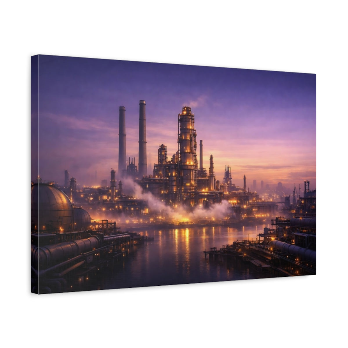 Side Mockup 3. Science Fiction Industrial Complex Purple And Gold shown as stretched canvas wall art