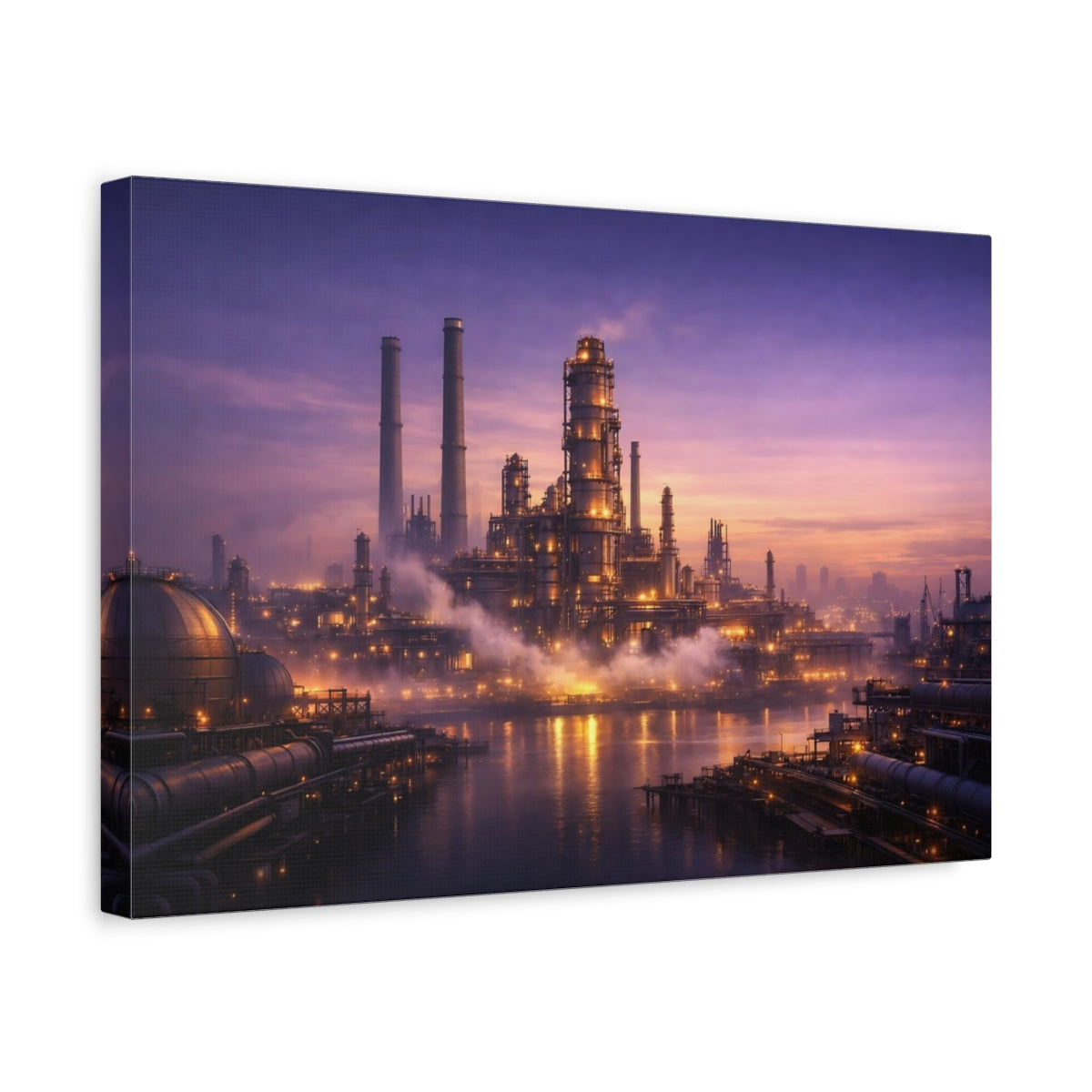 Side Mockup 4. Science Fiction Industrial Complex Purple And Gold shown as stretched canvas wall art