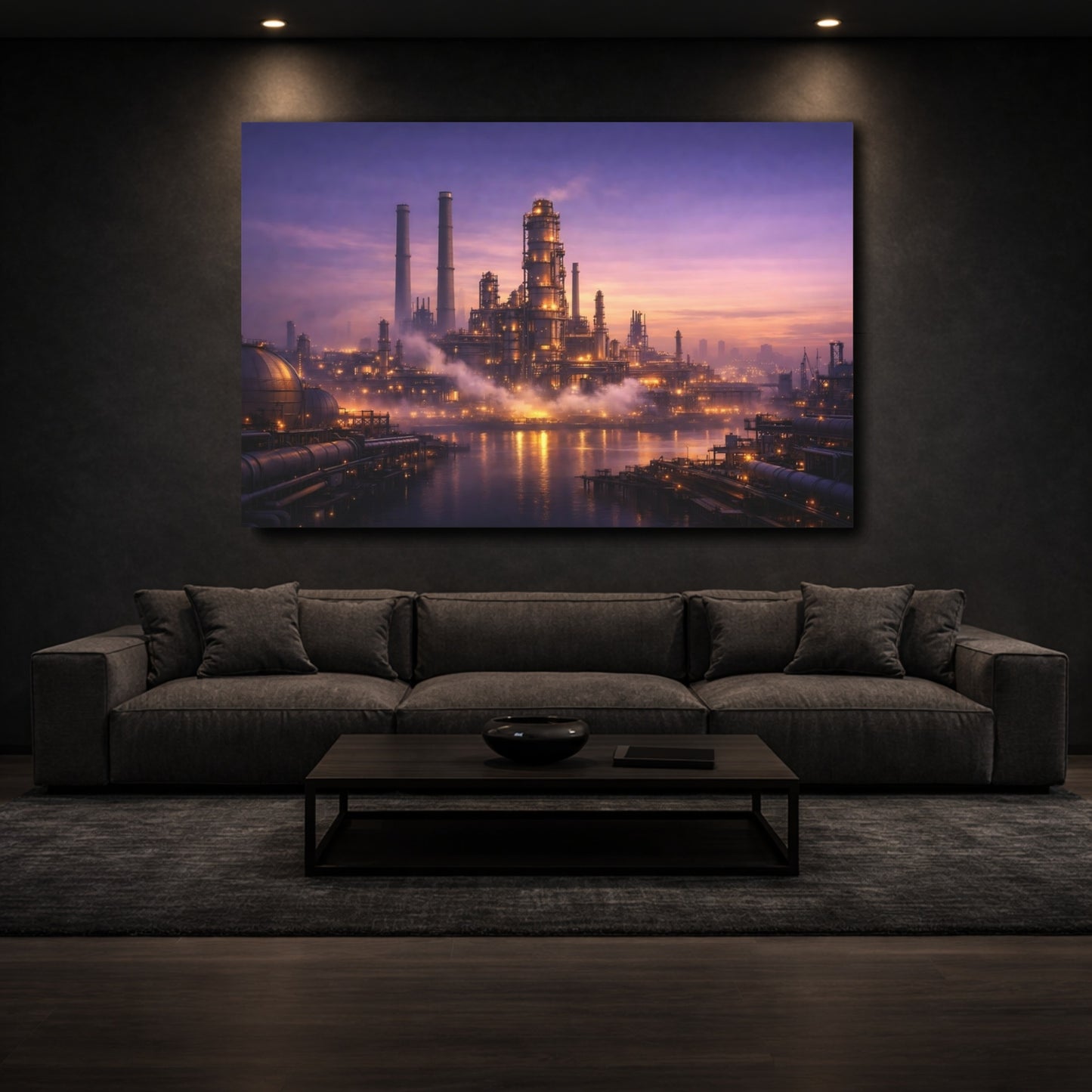 Mockup 2. Science Fiction Industrial Complex Purple And Gold shown as stretched canvas wall art