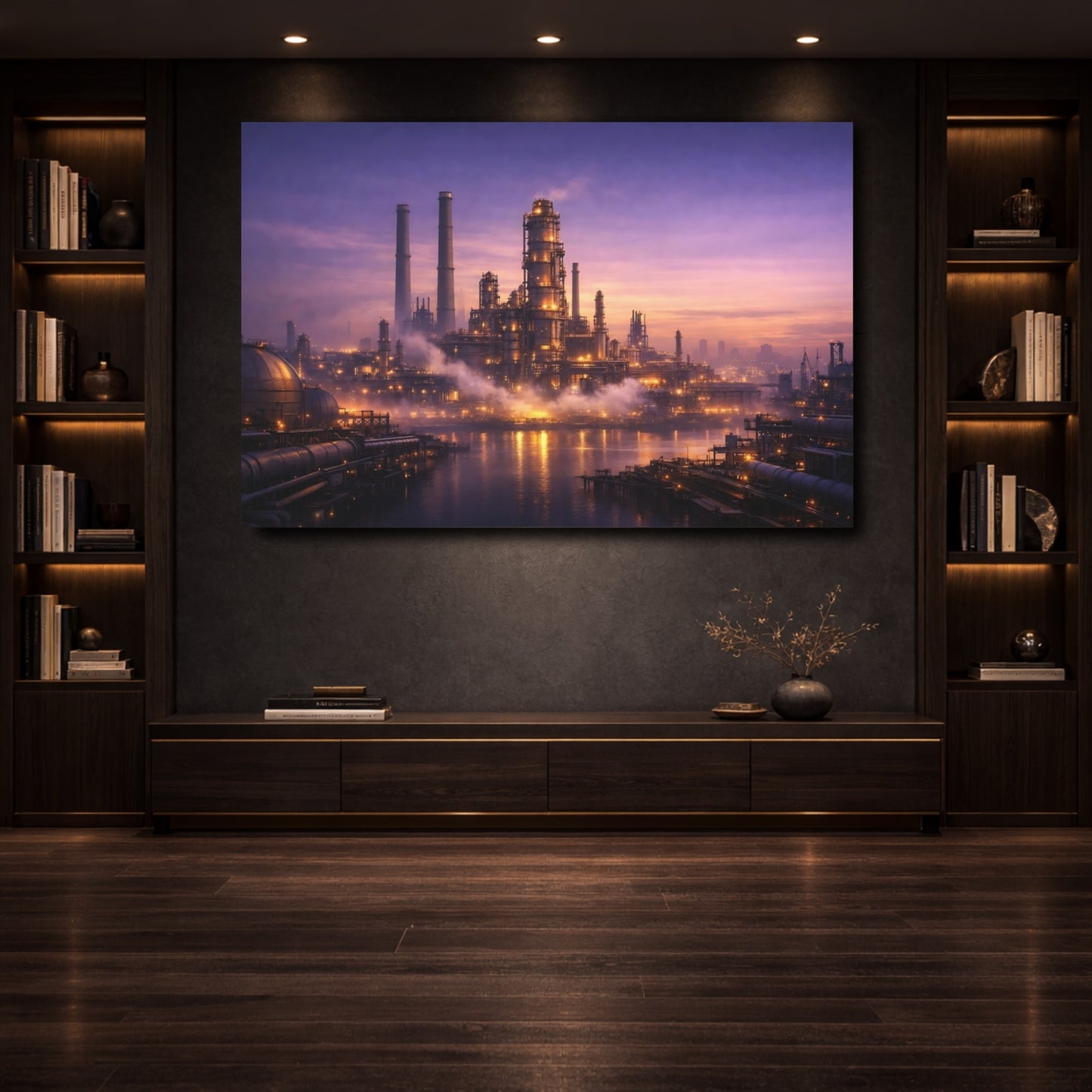 Mockup 3. Science Fiction Industrial Complex Purple And Gold shown as stretched canvas wall art