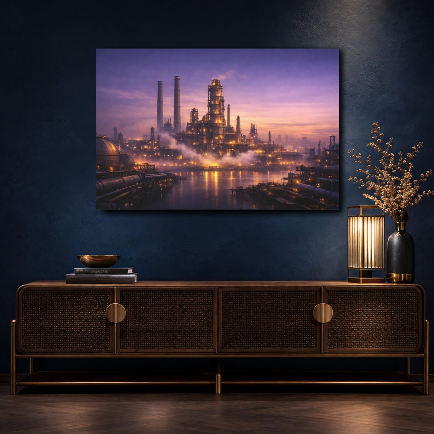 Mockup 4. Science Fiction Industrial Complex Purple And Gold shown as stretched canvas wall art