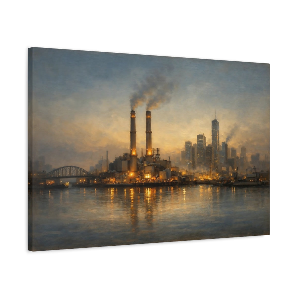 Side Mockup 2. Science Fiction Industrial Skyline Industrial Cityscape shown as stretched canvas wall art