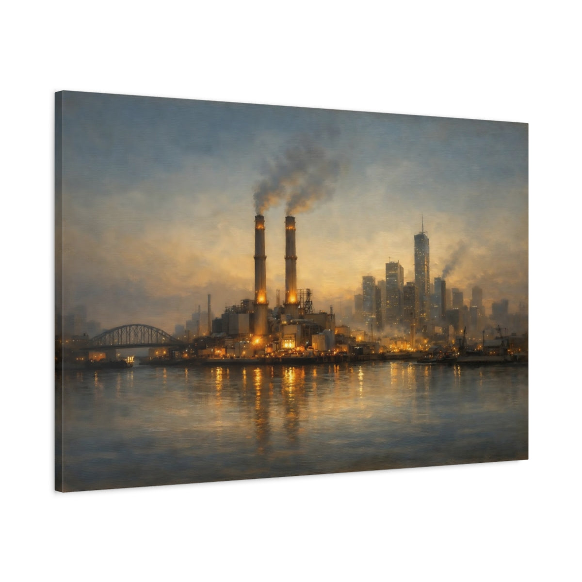Side Mockup 1. Science Fiction Industrial Skyline Industrial Cityscape shown as stretched canvas wall art