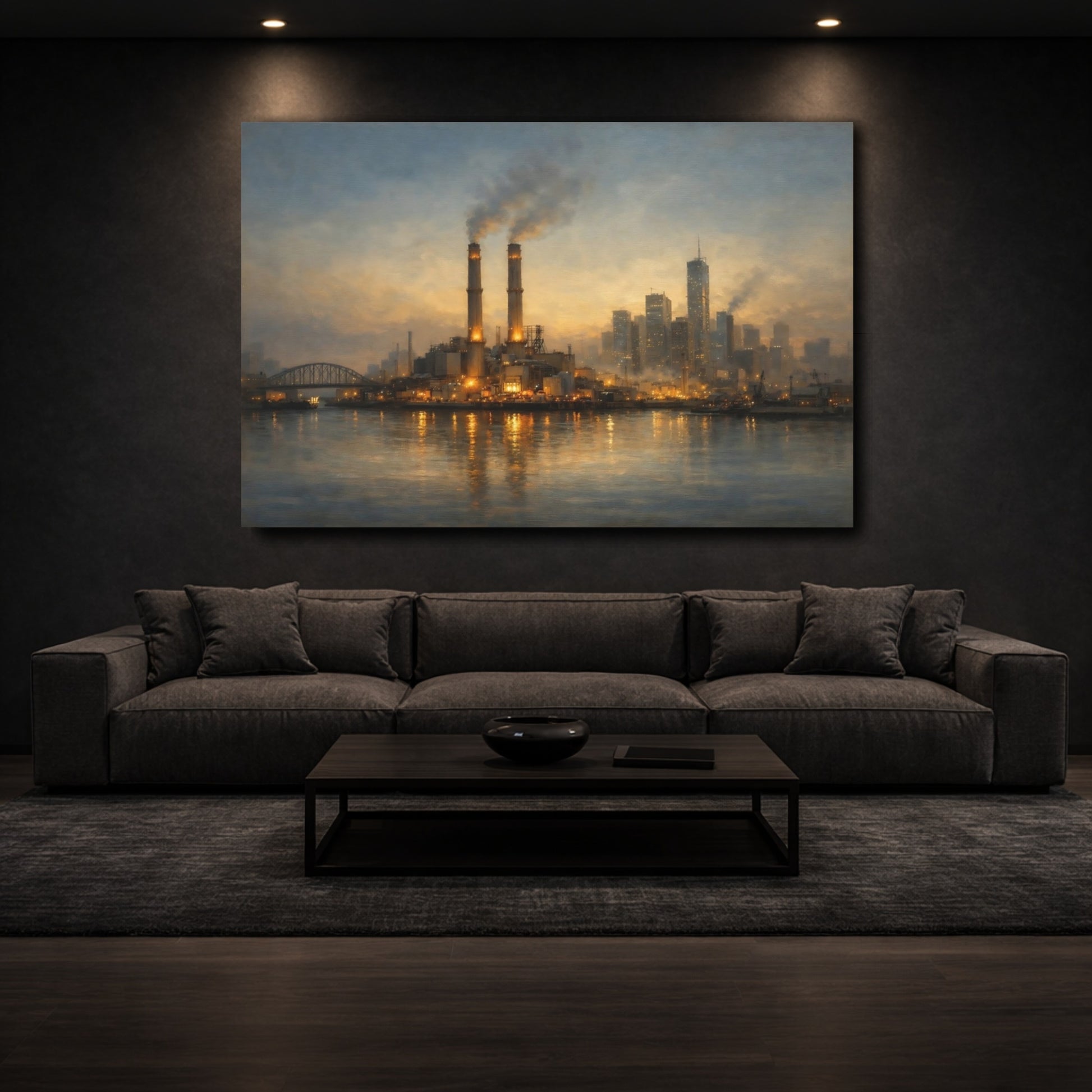 Mockup 2. Science Fiction Industrial Skyline Industrial Cityscape shown as stretched canvas wall art