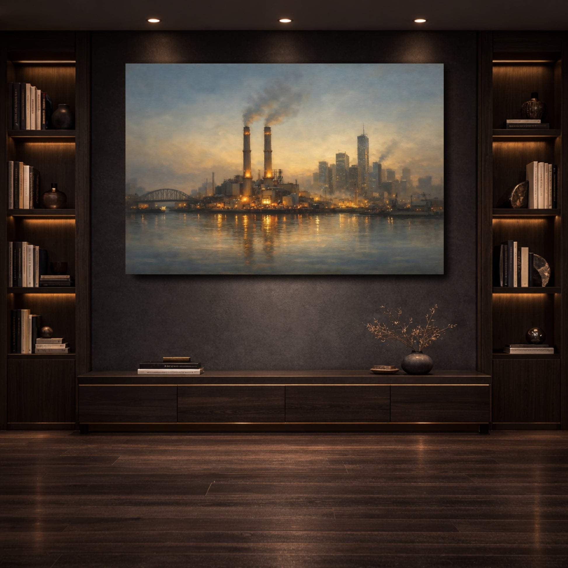 Mockup 3. Science Fiction Industrial Skyline Industrial Cityscape shown as stretched canvas wall art